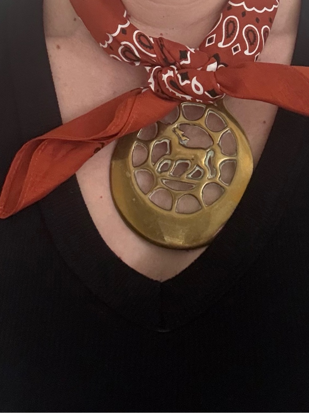 Gold-tone Medallion Pendant Necklace with Rust Bandana Cord